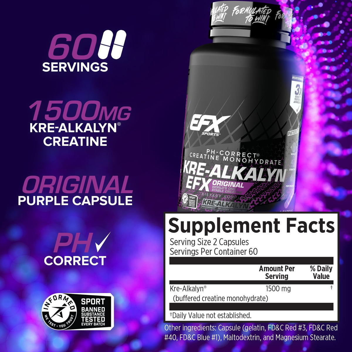 EFX Sports Kre-Alkalyn EFX, le produit ouvert avec capsules visibles