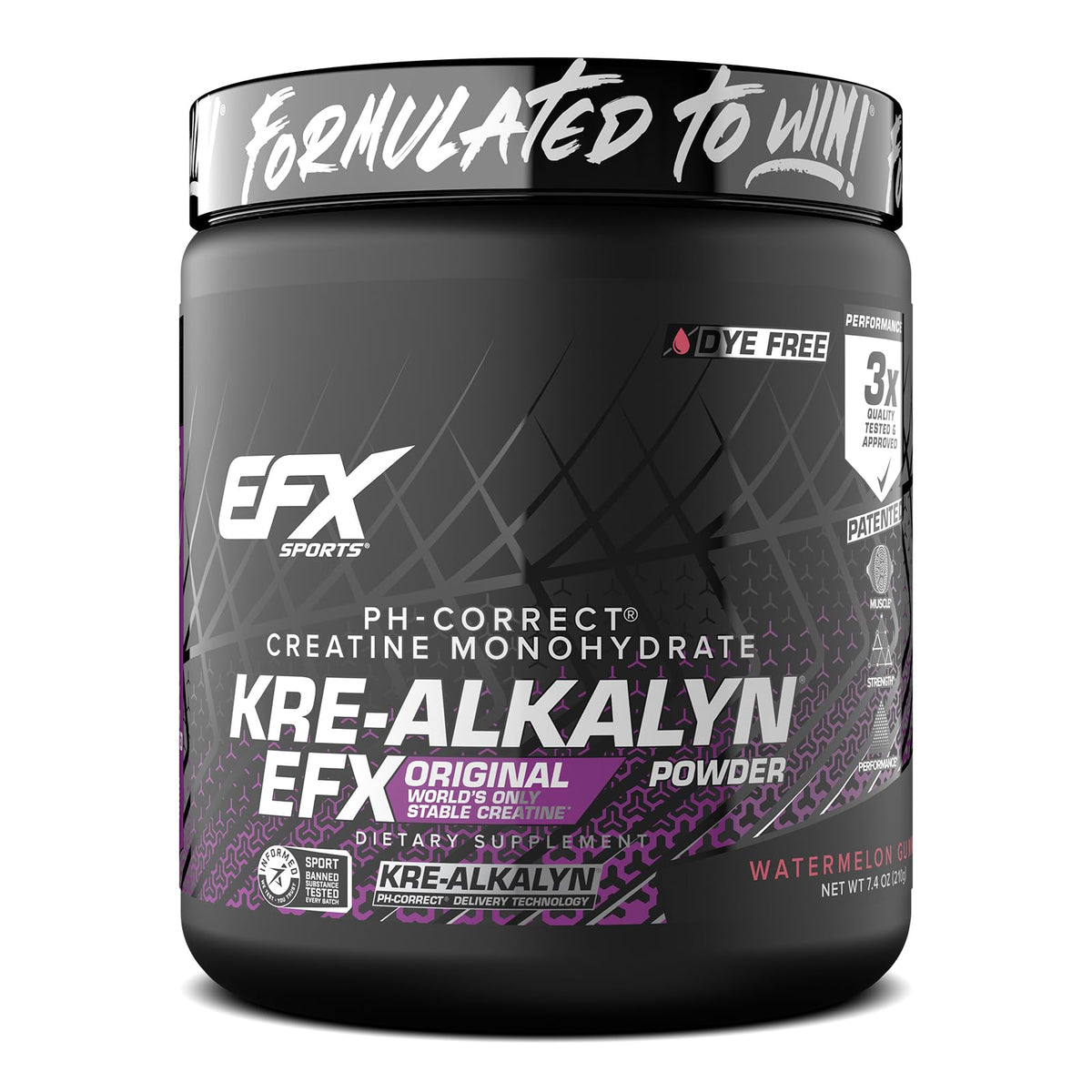 EFX Sports Kre-Alkalyn EFX Poudre 281g en vue avant avec étiquette pastèque
