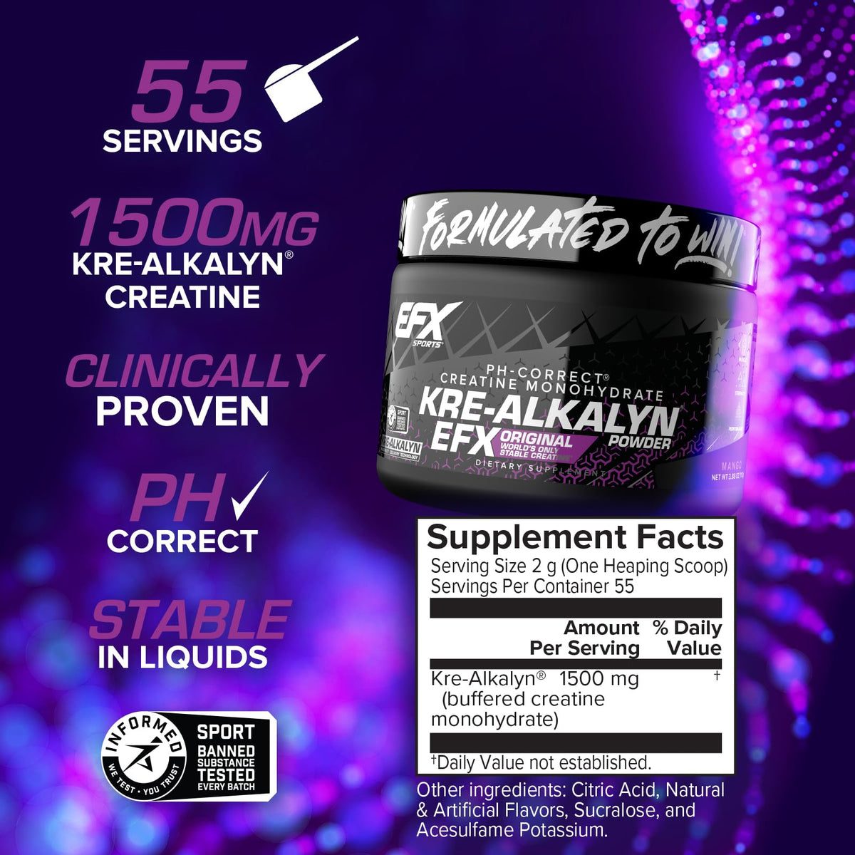 EFX Sports Kre-Alkalyn EFX Poudre Créatine 150g Saveur Mangue emballage