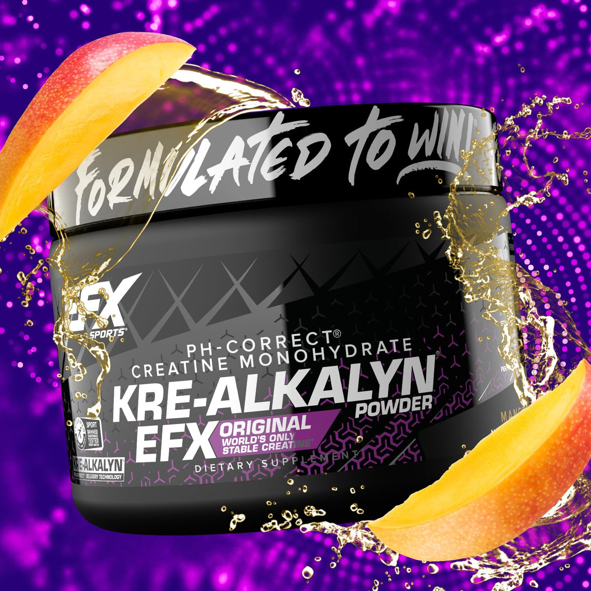 EFX Sports Kre-Alkalyn EFX Poudre Créatine 150g Saveur Mangue sur une table