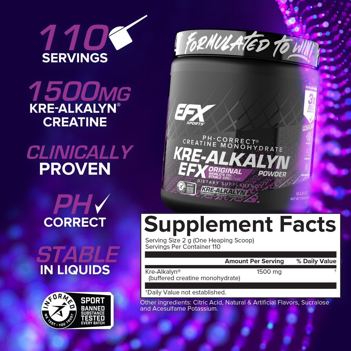 EFX Sports Kre-Alkalyn EFX Poudre Créatine Monohydrate 110 Portions en poudre colorée
