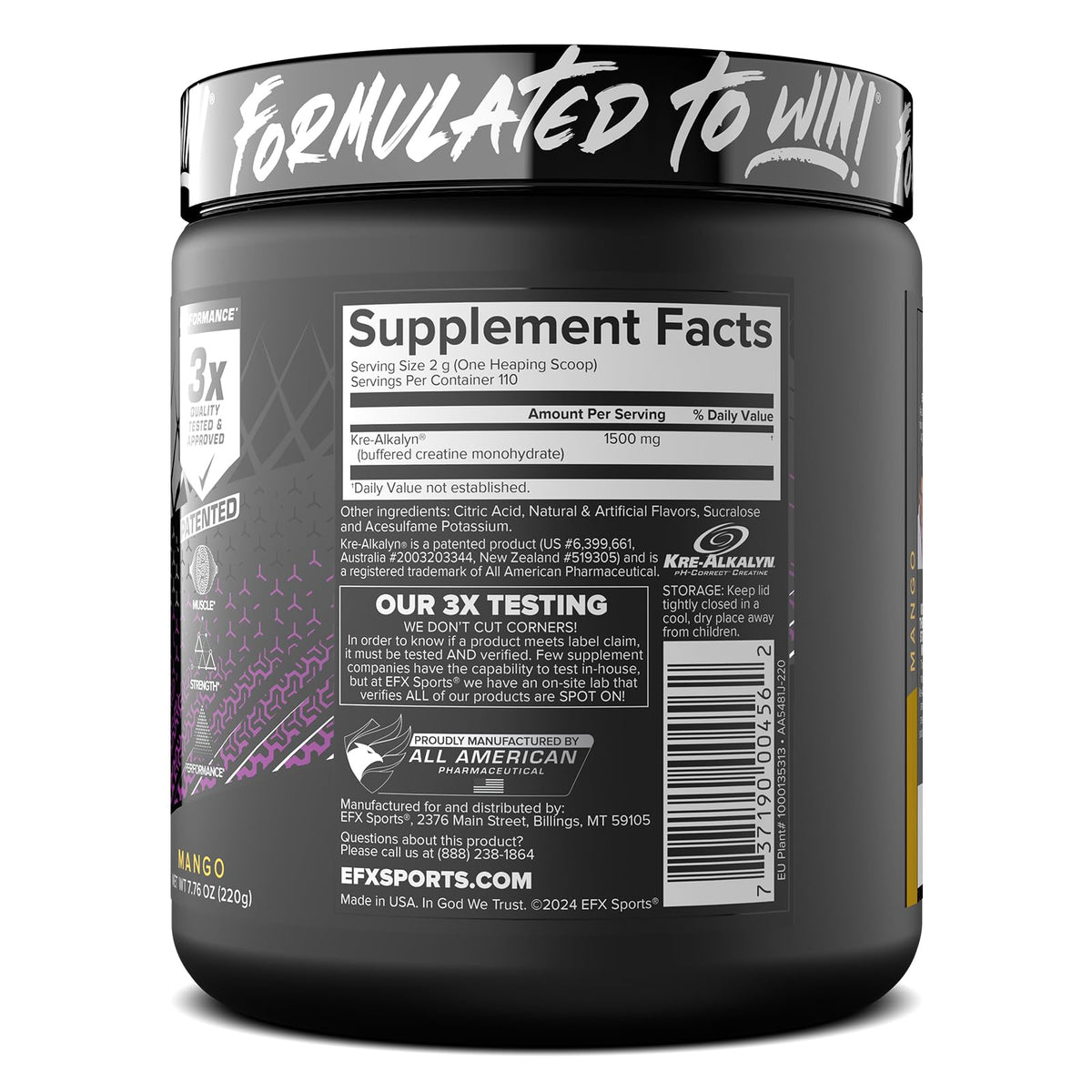 EFX Sports Kre-Alkalyn EFX Poudre Créatine Monohydrate 110 Portions vue de côté