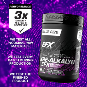 EFX Sports Kre-Alkalyn EFX près d'une bouteille d'eau.