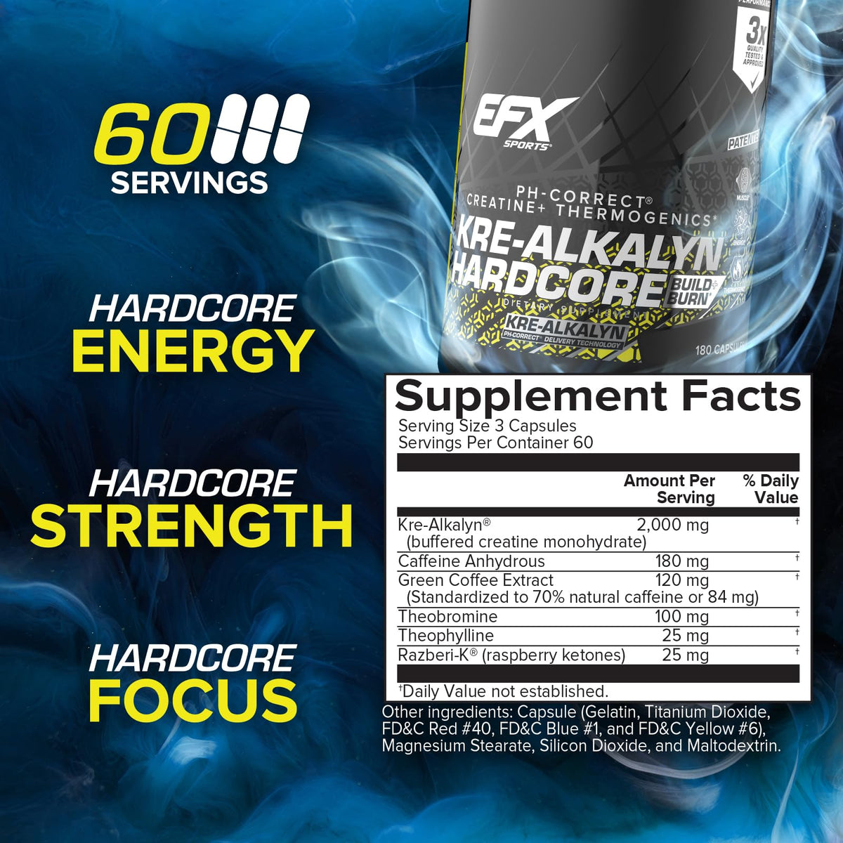 EFX Sports Kre-Alkalyn Hardcore capsules sur fond blanc