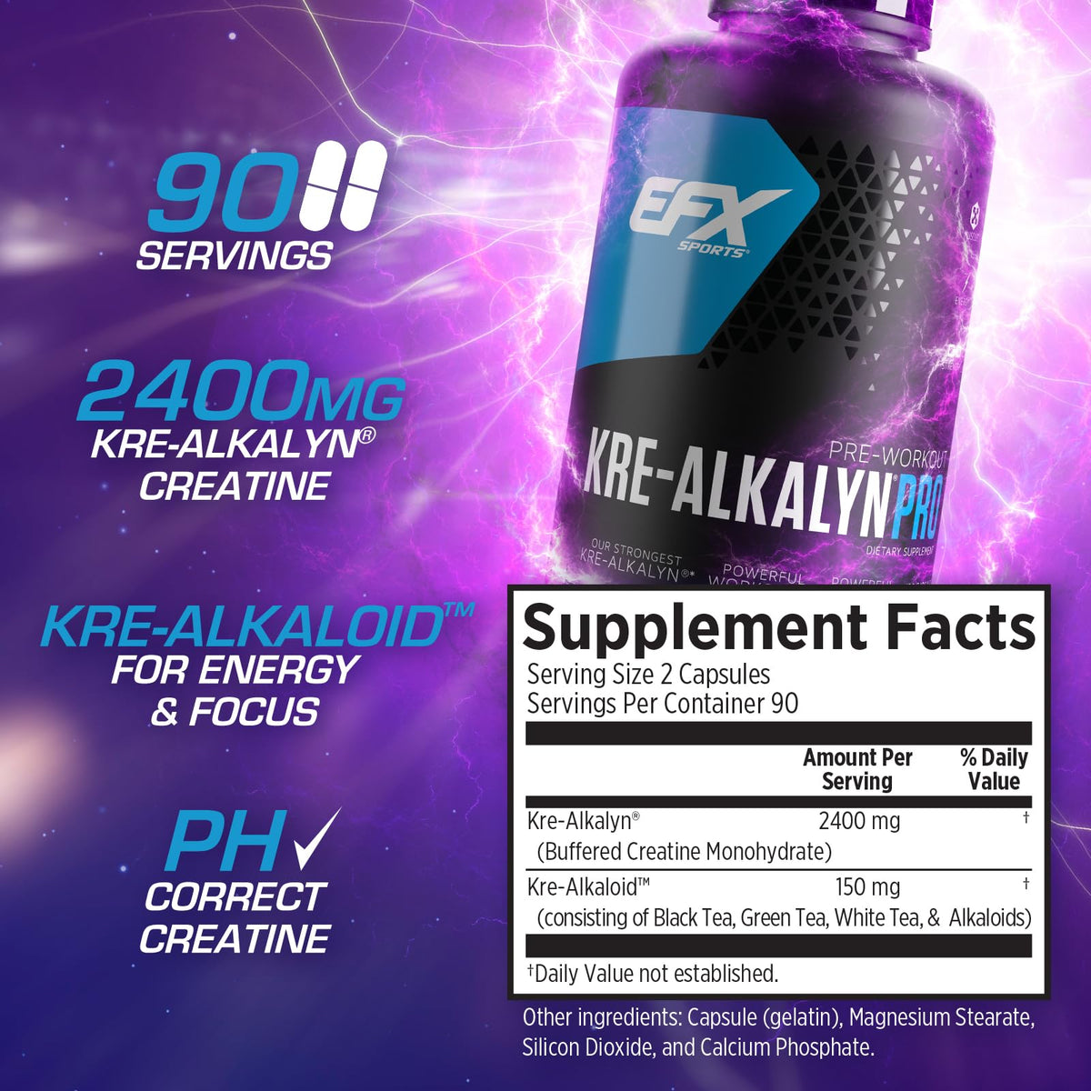 EFX Sports Kre-Alkalyn Pro avec mélange de thés en arrière-plan