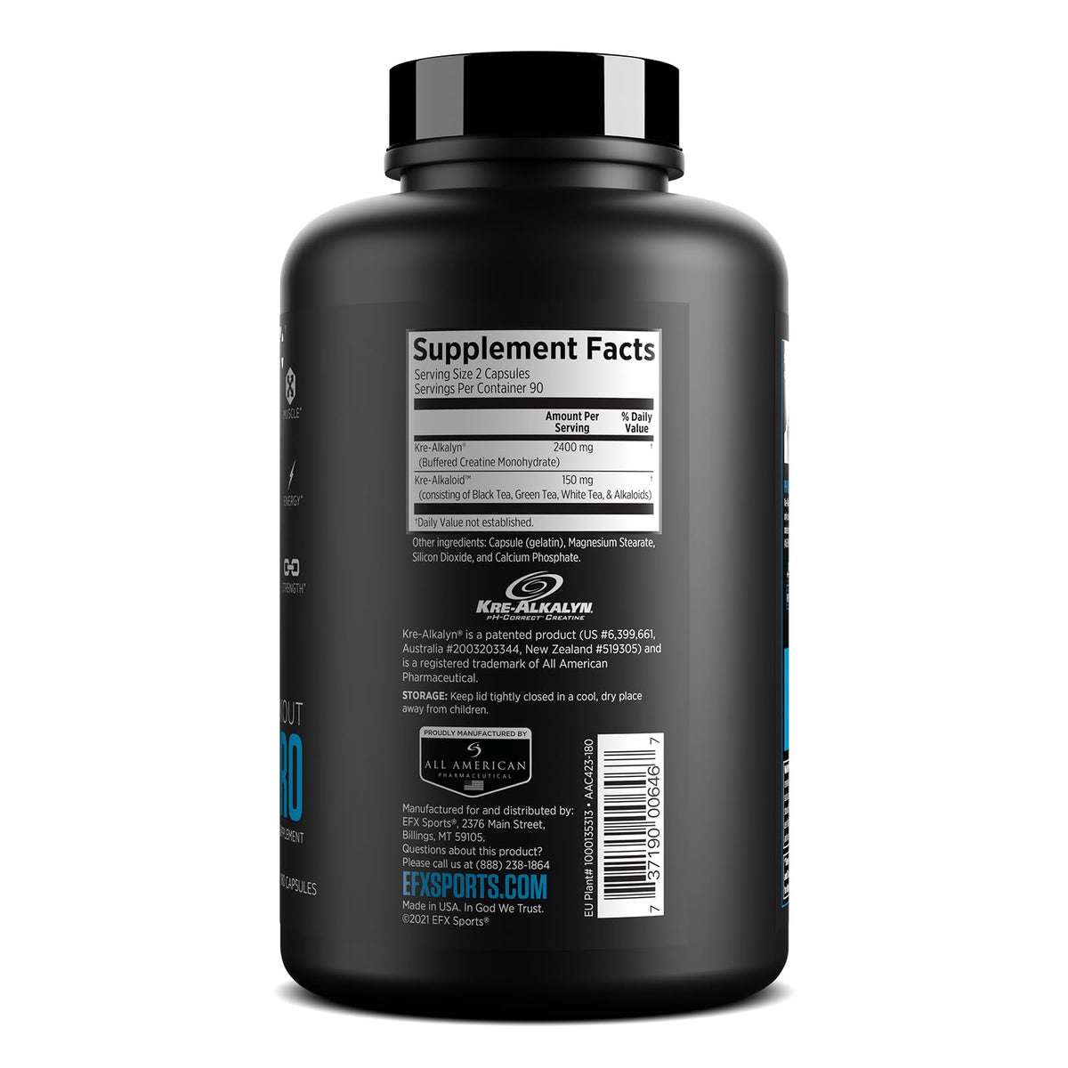 EFX Sports Kre-Alkalyn Pro capsules en bouteille