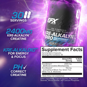 EFX Sports Kre-Alkalyn Pro capsules sur un fond blanc