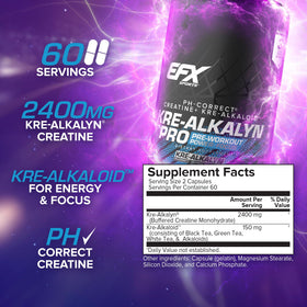 EFX Sports Kre-Alkalyn Pro créatine monohydrate 120 capsules sur une table