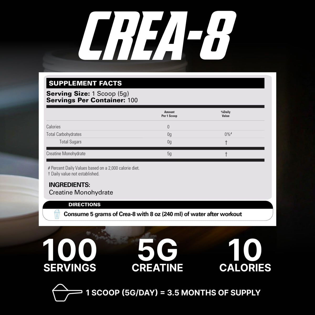 EHP Labs CREA-8 Poudre de Créatine Monohydrate 100 portions