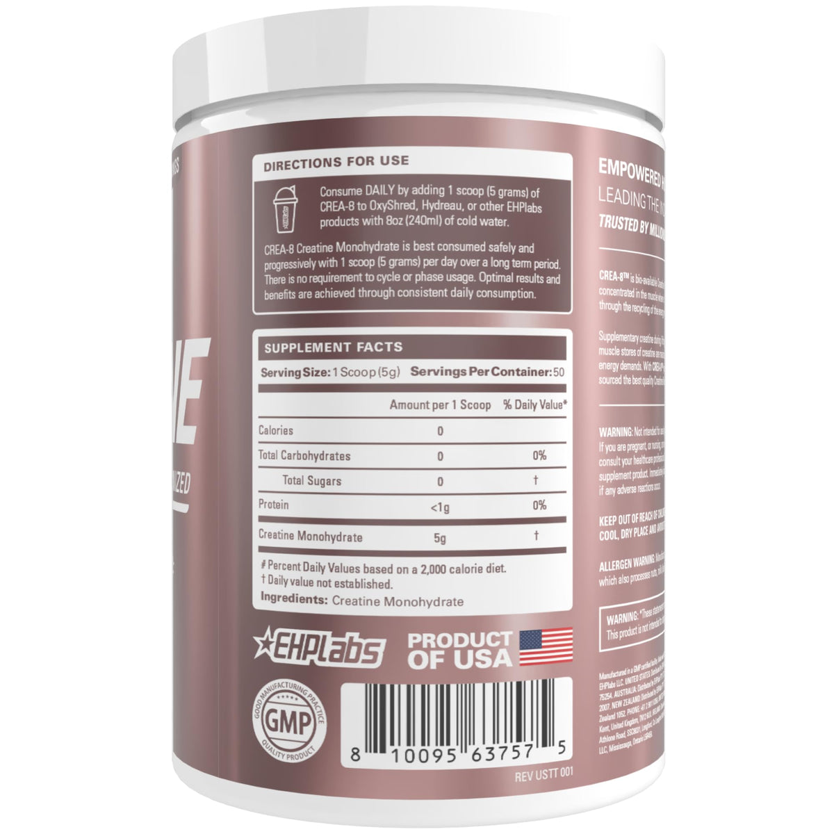 EHP Labs CREA-8 Poudre de Créatine Monohydrate 358g vue arrière