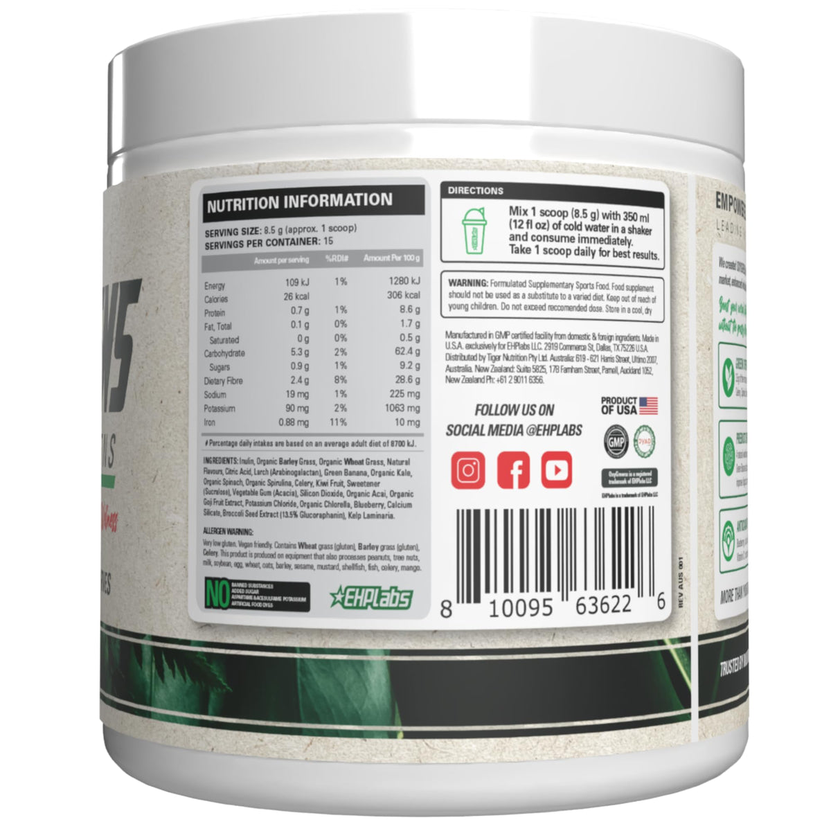 EHP Labs OxyGreens Poudre de Super Aliments 15 Portions vue de côté