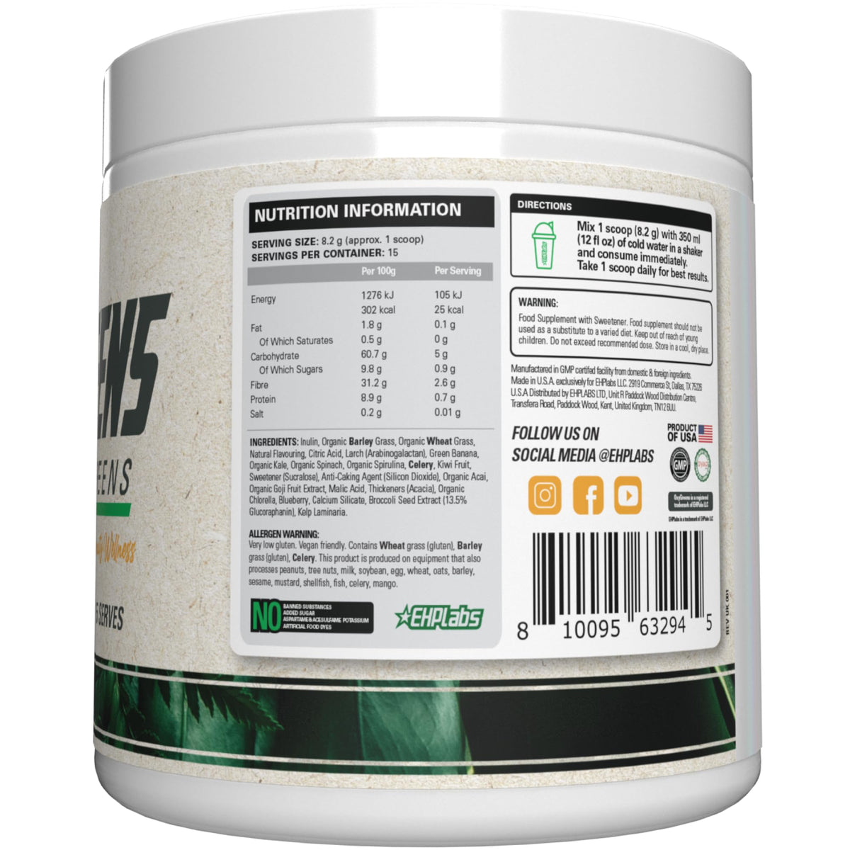 EHP Labs OxyGreens Poudre de Super Aliments 200g Ananas ingrédients