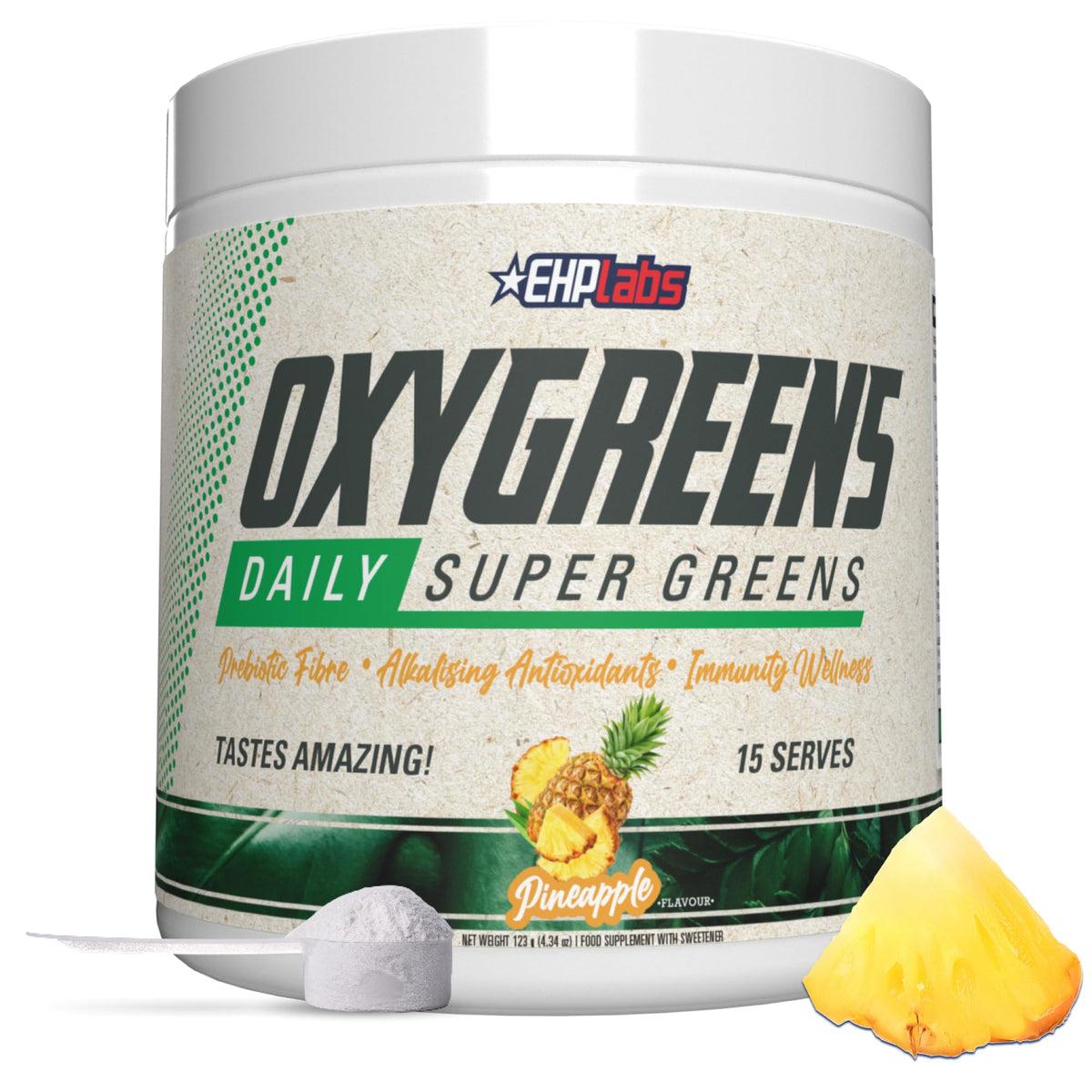EHP Labs OxyGreens Poudre de Super Aliments 200g Ananas vue de face