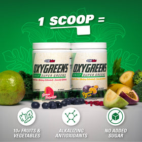 EHP Labs OxyGreens Poudre de Super Aliments 358g Ananas sur une table
