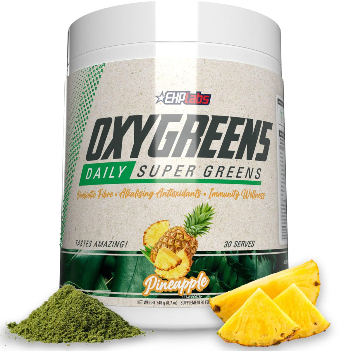 EHP Labs OxyGreens Poudre de Super Aliments 358g Ananas vue de face