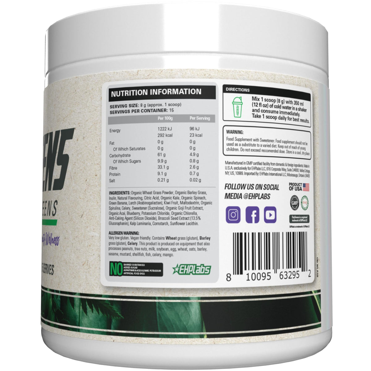 EHP Labs OxyGreens poudre de super aliments sur une table en bois