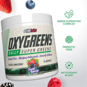 EHP Labs OxyGreens poudre de super aliments vue arrière avec ingrédients