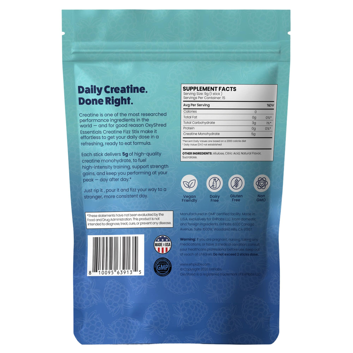 EHP Labs OxyShred créatine monohydrate sachets sur une table avec des haltères