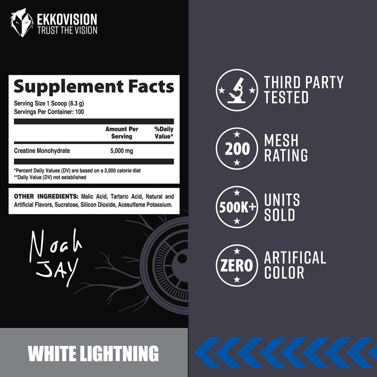 Ekkovision créatine monohydrate poudre White Lightning 930g étiquette