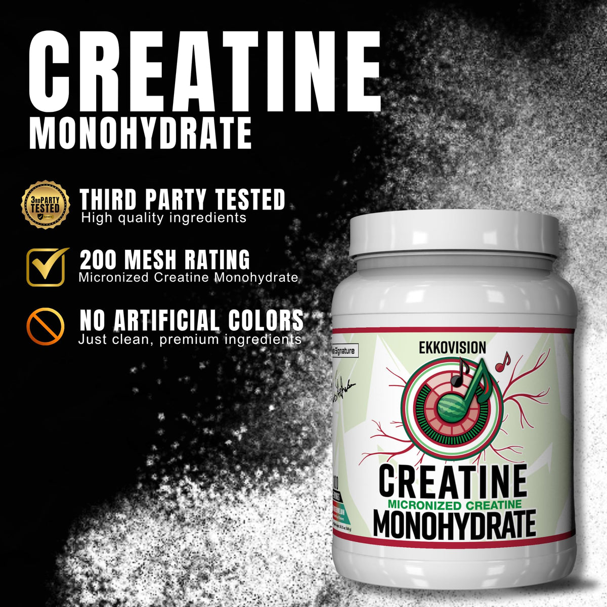Ekkovision Poudre de Créatine Monohydrate, contenant ouvert avec poudre
