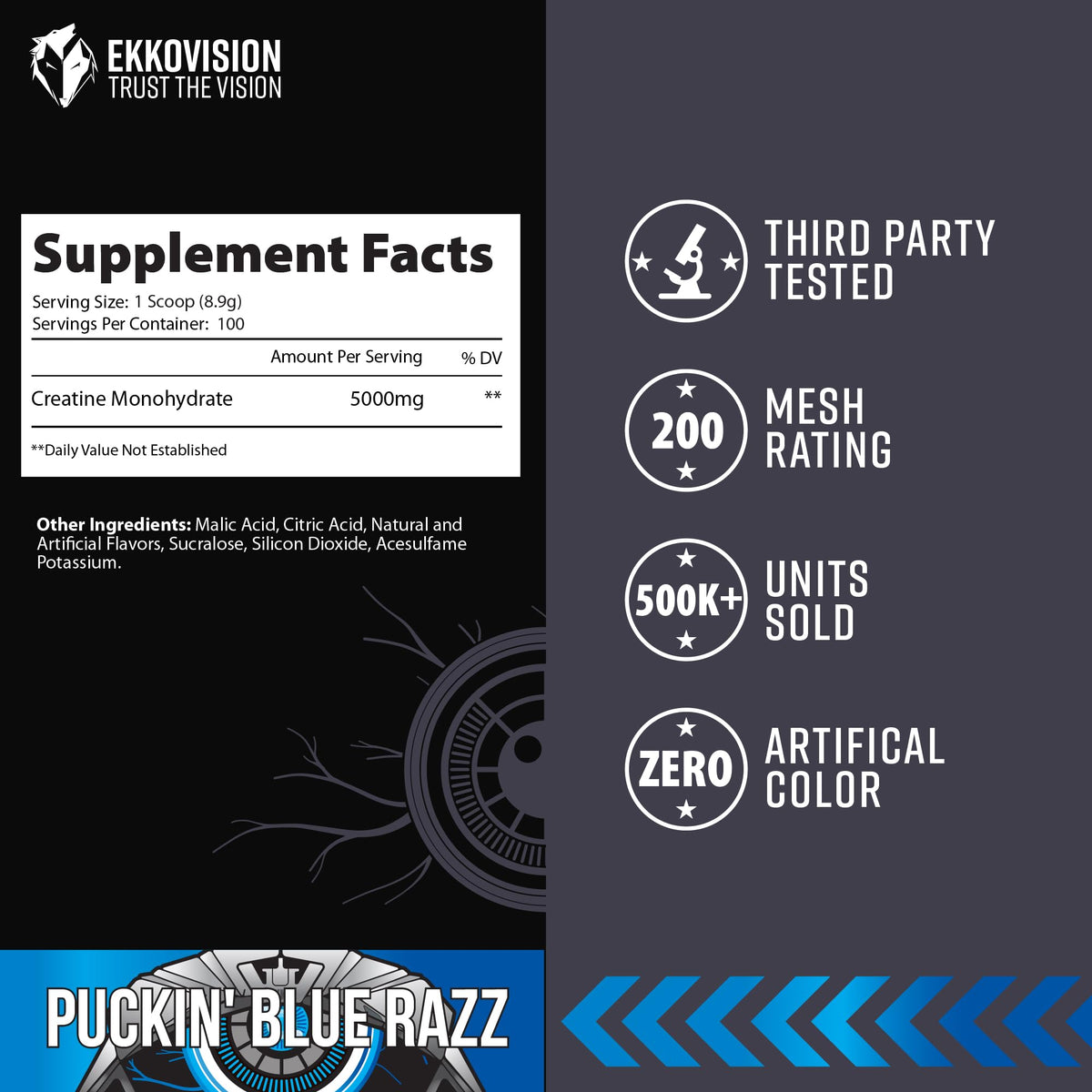 Ekkovision Poudre de Créatine Monohydrate Puckin' Blue Razz 1111g vue arrière
