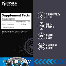 Ekkovision Poudre de Créatine Monohydrate Puckin' Blue Razz 1111g vue arrière