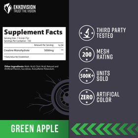 Ekkovision Poudre de Créatine Monohydrate Saveur Pomme Verte 100 Portions dans un shaker