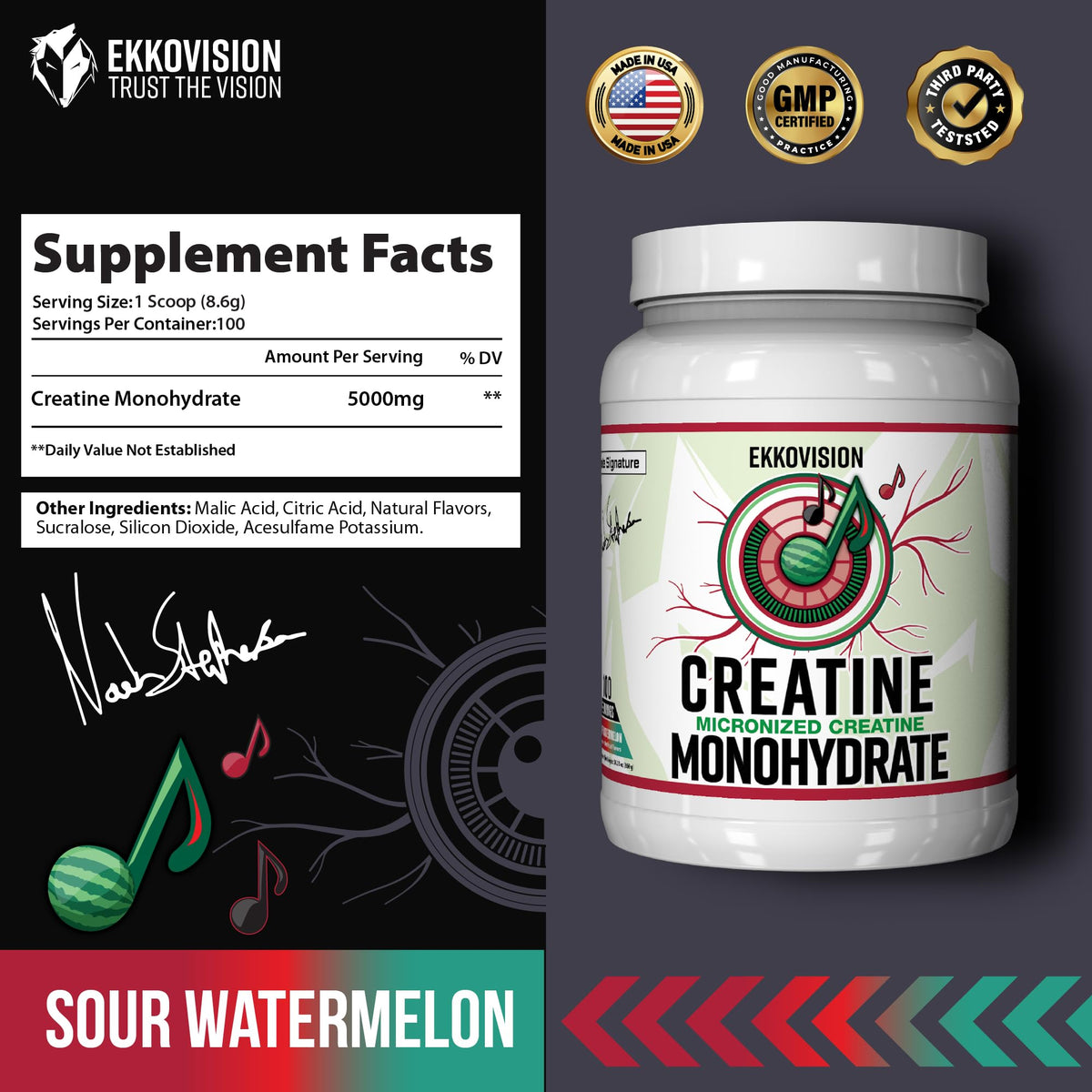 Ekkovision Poudre de Créatine Monohydrate, vue de l'arrière avec informations nutritionnelles