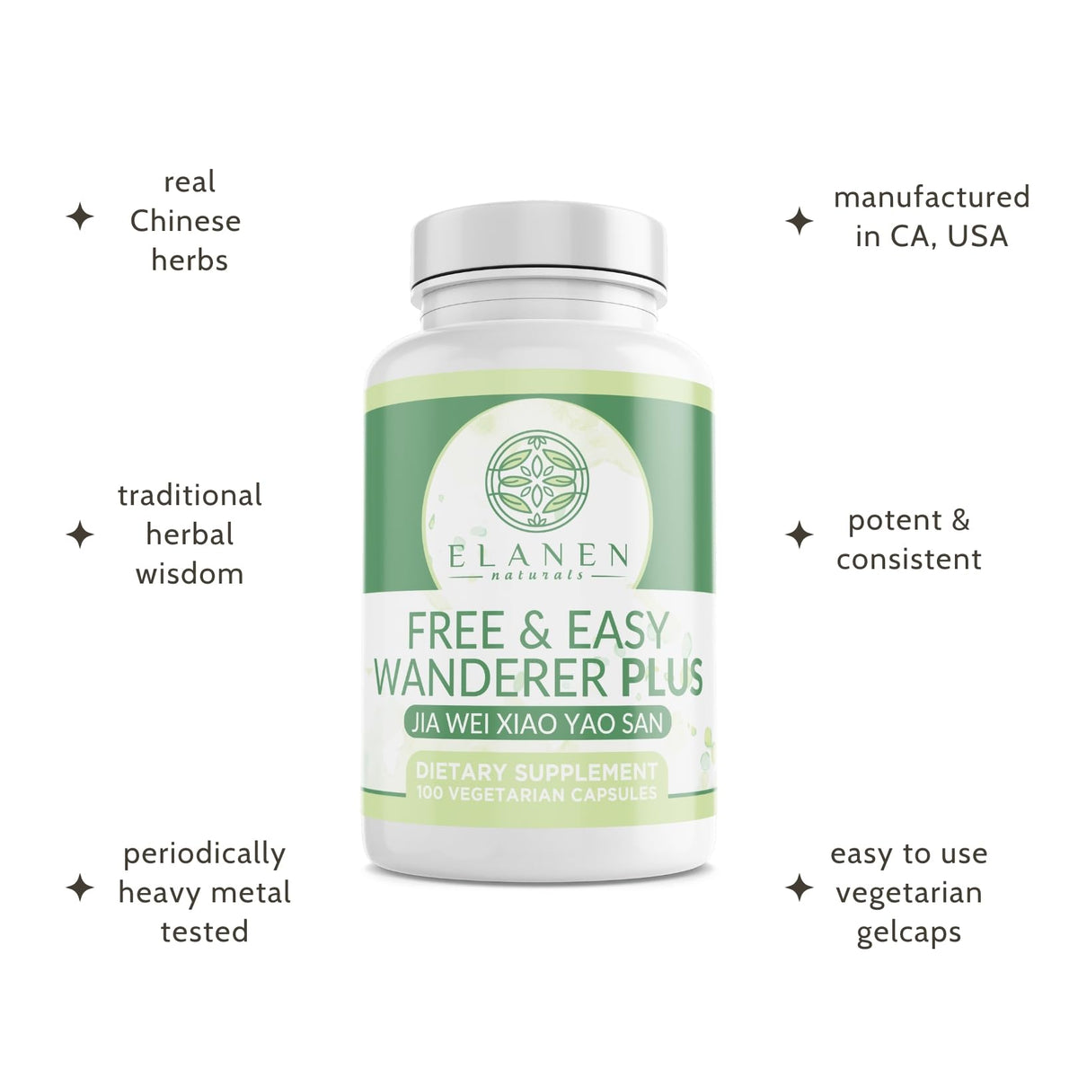 Elanden Naturals Jia Wei Xiao Yao San 100 g sur une table avec des plantes