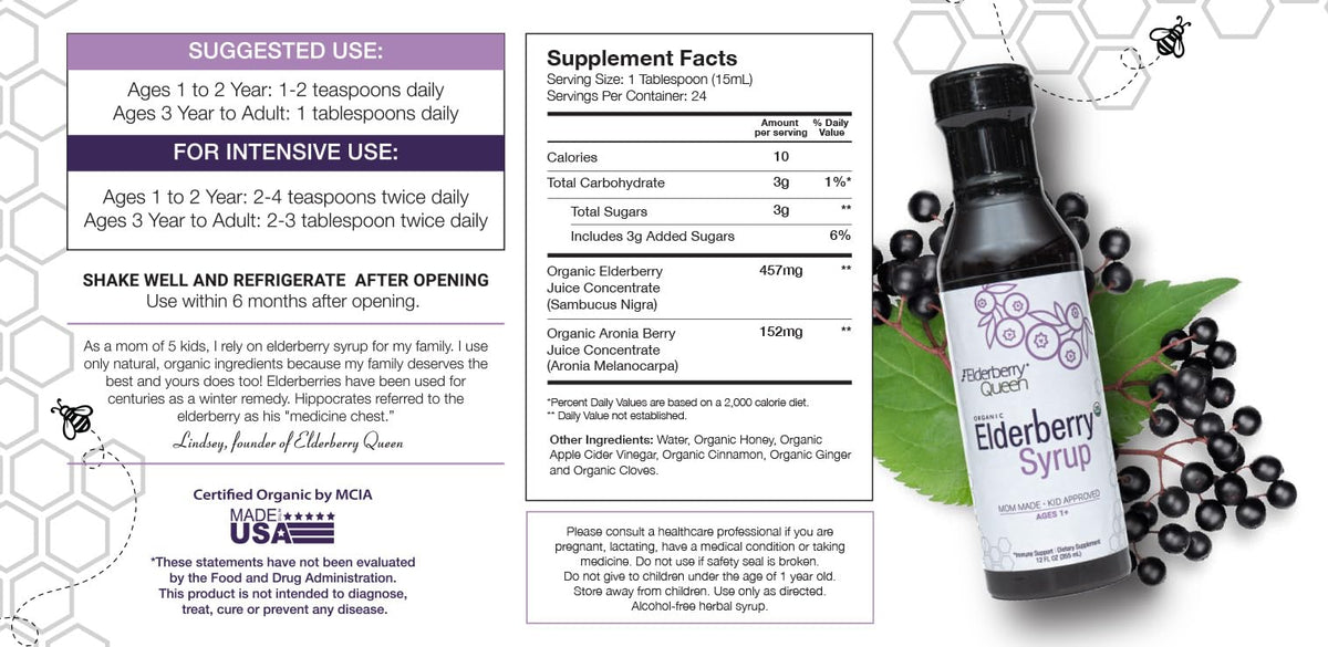 Elderberry Queen Sirop de Sureau Bio 355 ml - étiquette