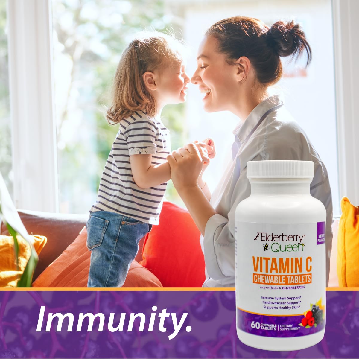 Elderberry Queen Vitamine C 500mg - ingrédients naturels sur fond blanc