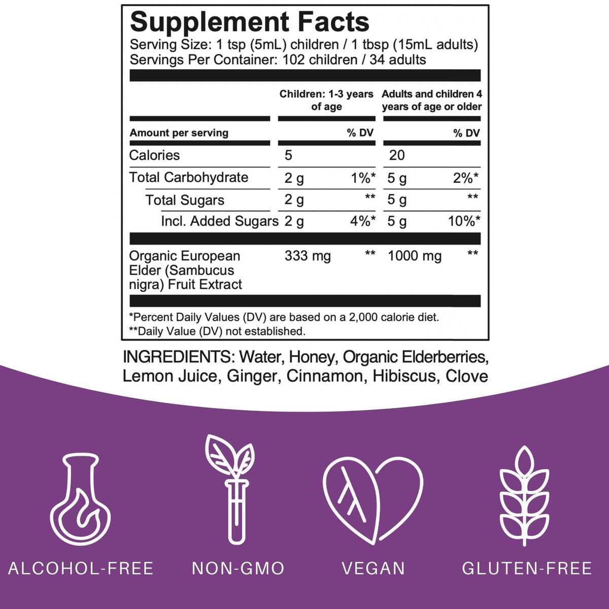 Elderlane Sirop de Sureau 16,9 oz vue arrière avec informations nutritionnelles