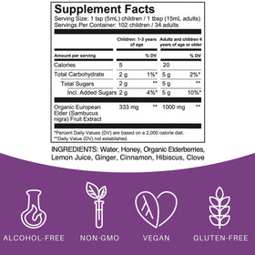 Elderlane Sirop de Sureau 16,9 oz vue arrière avec informations nutritionnelles