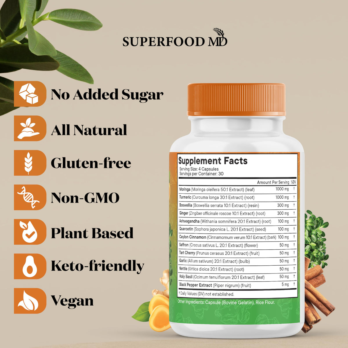 Éléments naturels dans le complément Moringa et Curcuma