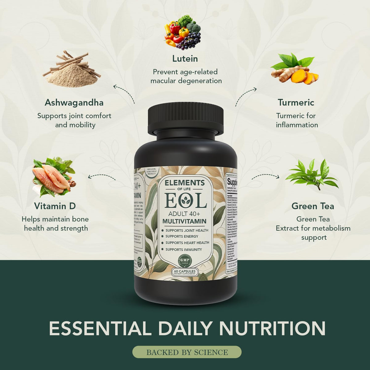 Elements of LIfe Multivitamines 40+ Capsules on a table