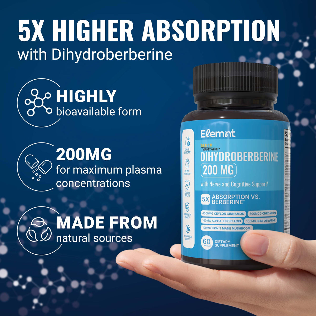 ELEMNT Dihydroberberine 200mg GlucoVantage 60 Capsules avec étiquette
