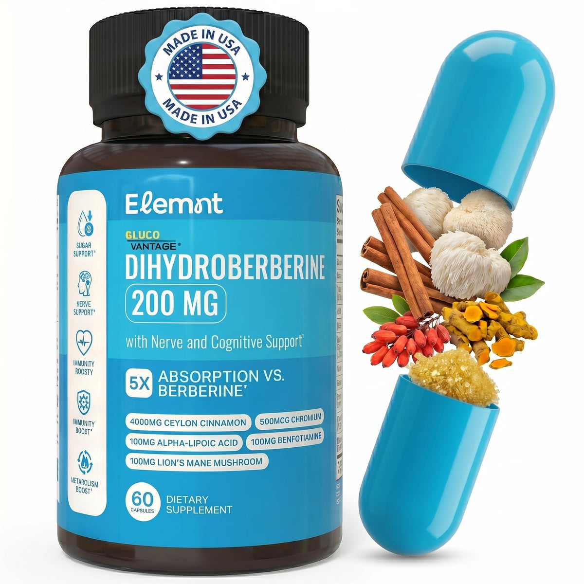 ELEMNT Dihydroberberine 200mg GlucoVantage 60 Capsules vue de face