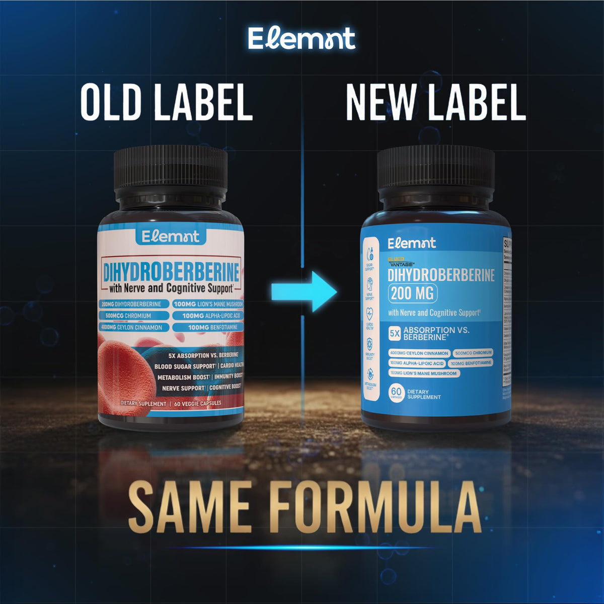 ELEMNT Dihydroberberine 200mg GlucoVantage capsules à l'intérieur du flacon