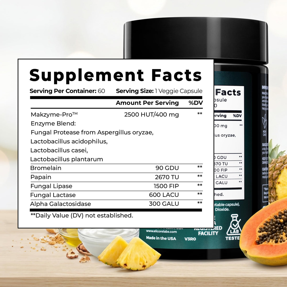 ELICORE Complément Alimentaire Enzymes daily 60 Capsules Végétales sur une table