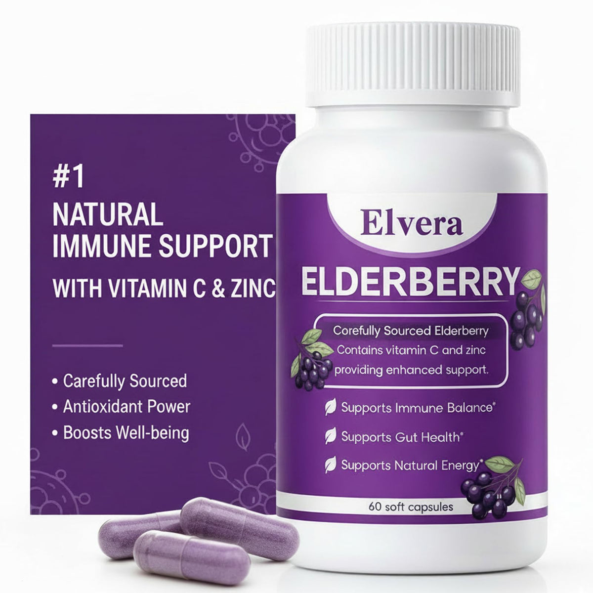 ELVERA Complément Alimentaire Sureau 1200mg 60 Capsules, vue de face