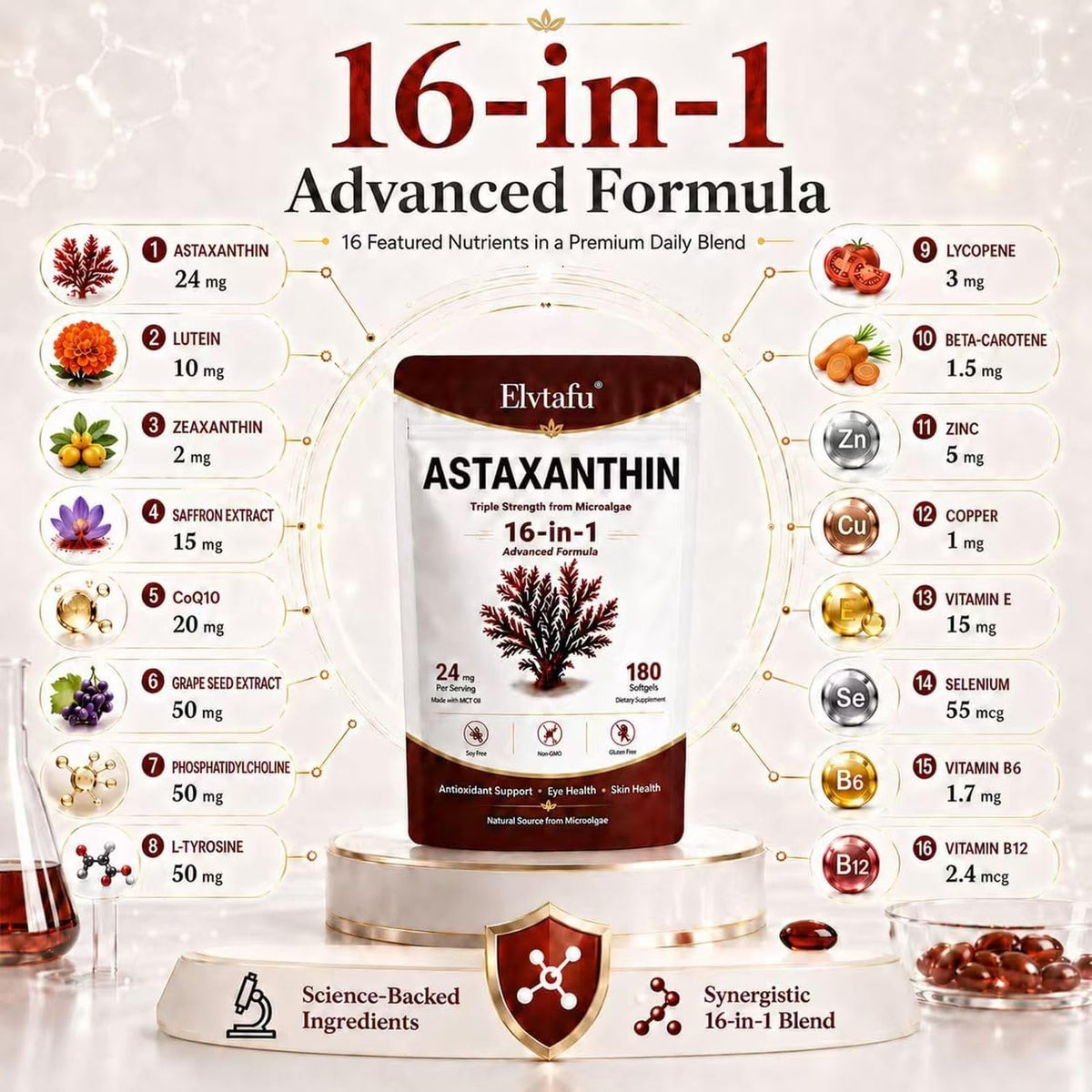 Elvtafu Astaxanthine 24mg softgels in a clear bottle