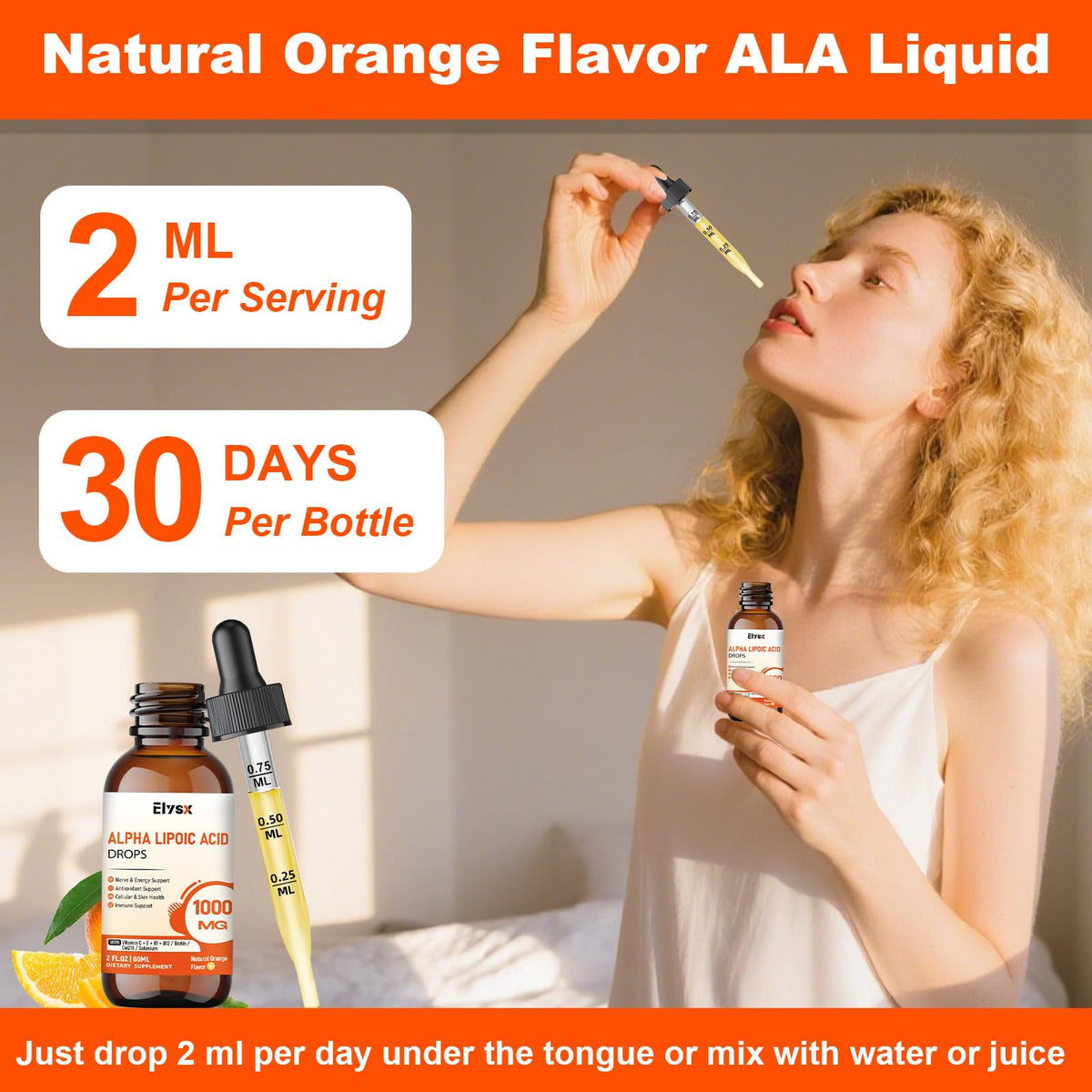 Elysx Alpha Lipoic Acid gouttes liquides 1000mg dans un verre d'eau