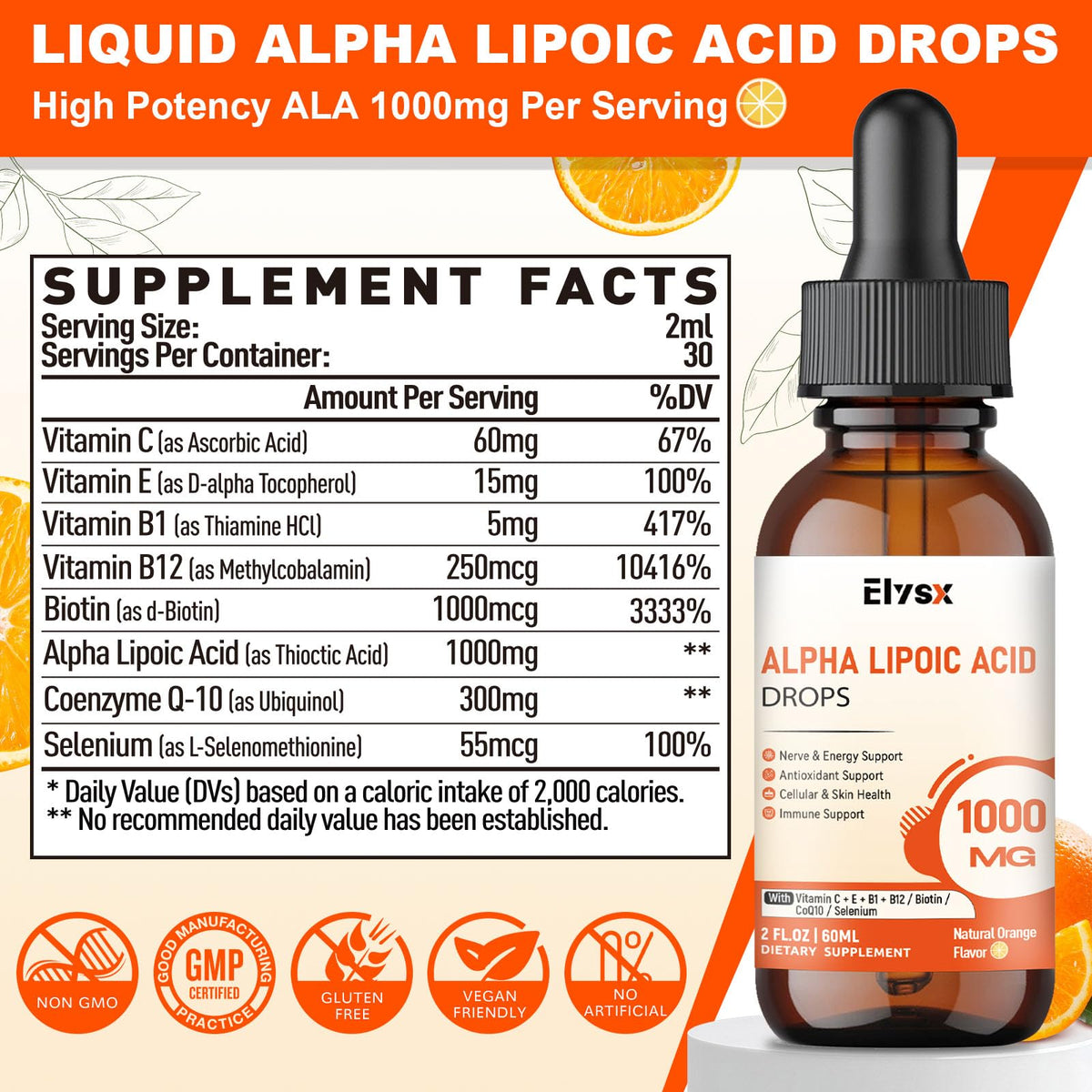 Elysx Alpha Lipoic Acid gouttes liquides 1000mg flacon arrière