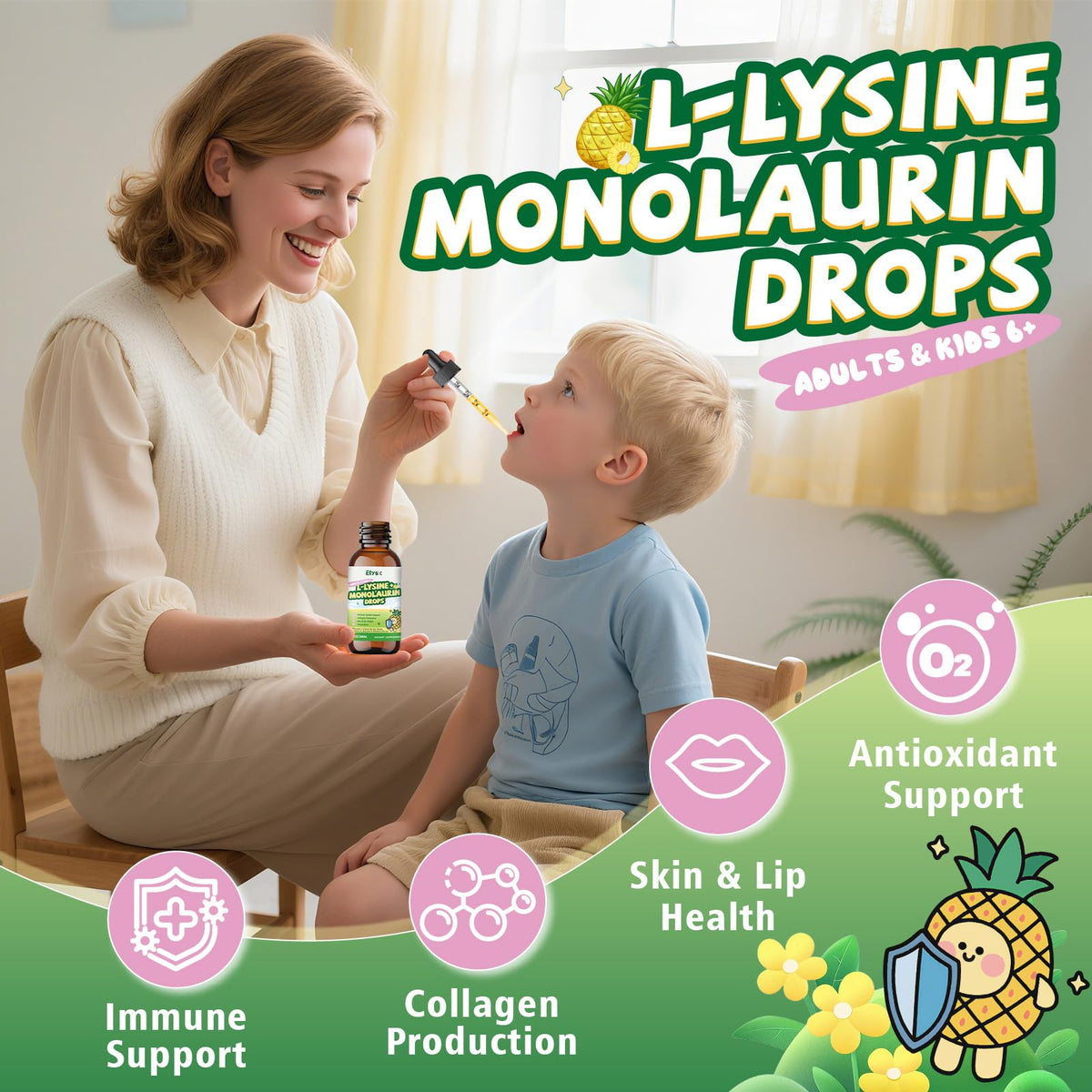 Elysx L-Lysine Monolaurin gouttes liquides sur fond blanc