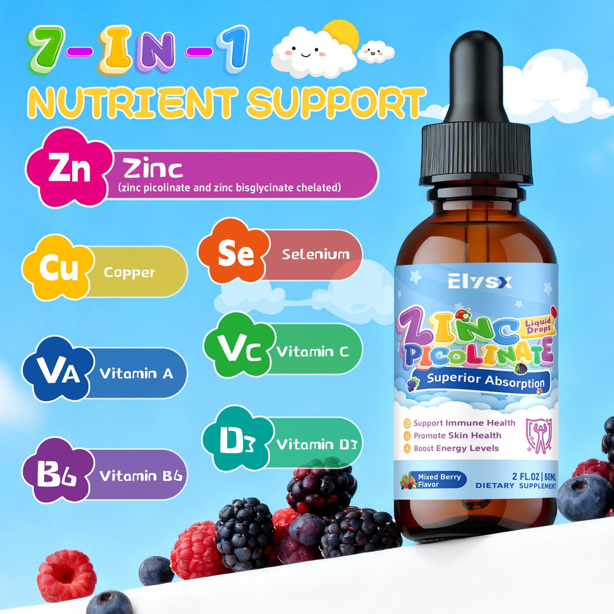 Elysx Zinc Picolinate Cuivre Gouttes Liquides 30mg flacon avec étiquette