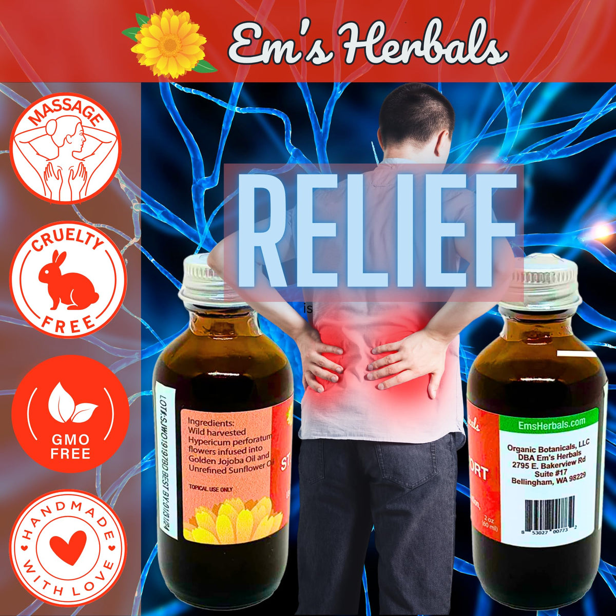 Em's Herbals Huile de Millepertuis 118g avec accessoires de massage