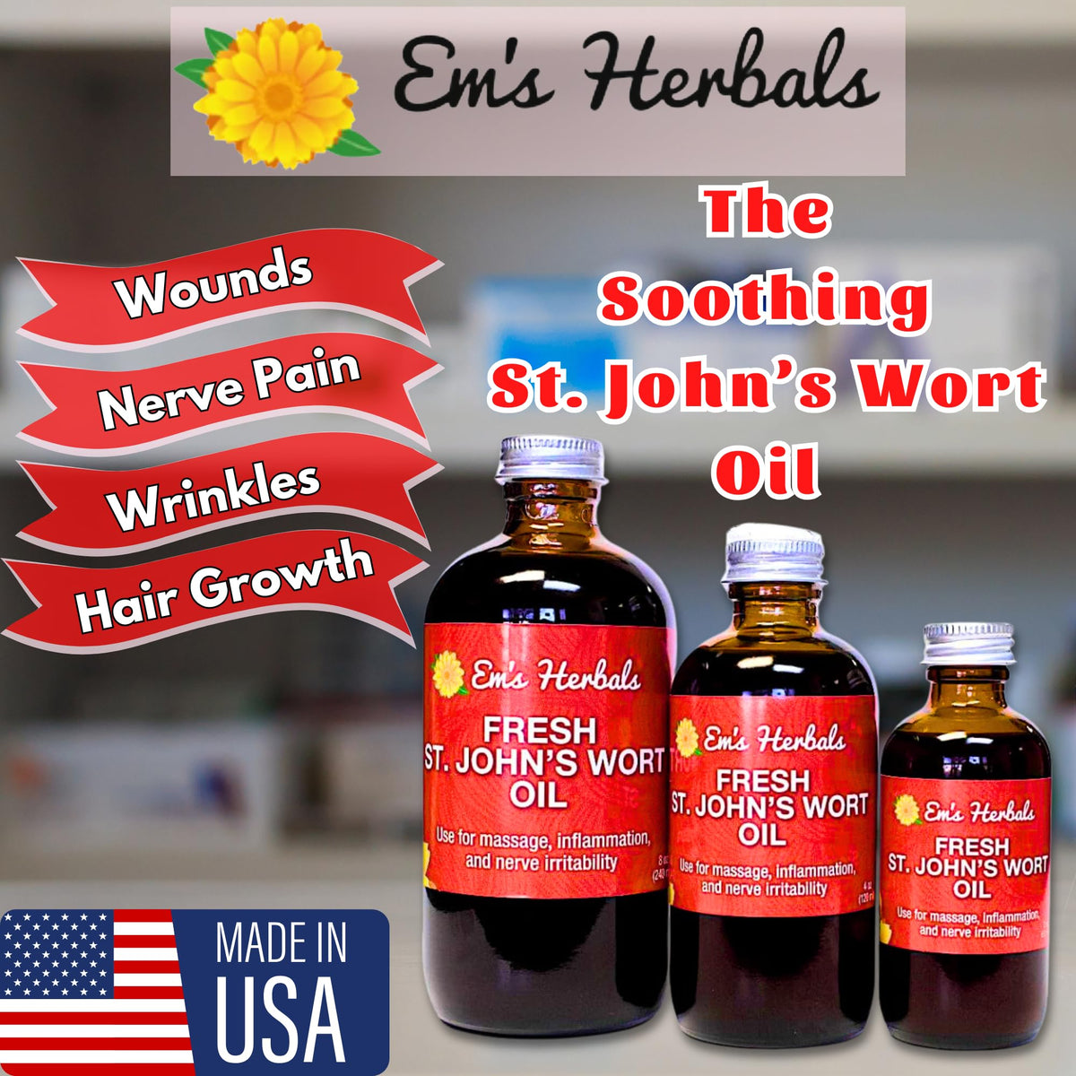 Em's Herbals Huile de Millepertuis étiquette et bouteille
