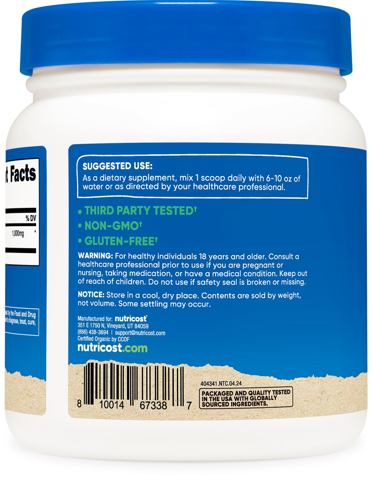 Emballage arrière de la poudre d'Irish Moss Nutricost montrant les informations nutritionnelles