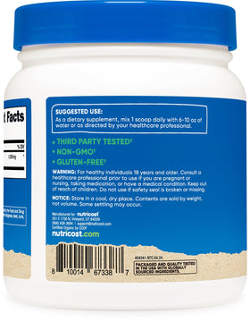 Emballage arrière de la poudre d'Irish Moss Nutricost montrant les informations nutritionnelles