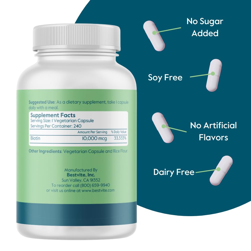 Emballage BESTVITE Biotine 10 000 mcg avec informations nutritionnelles